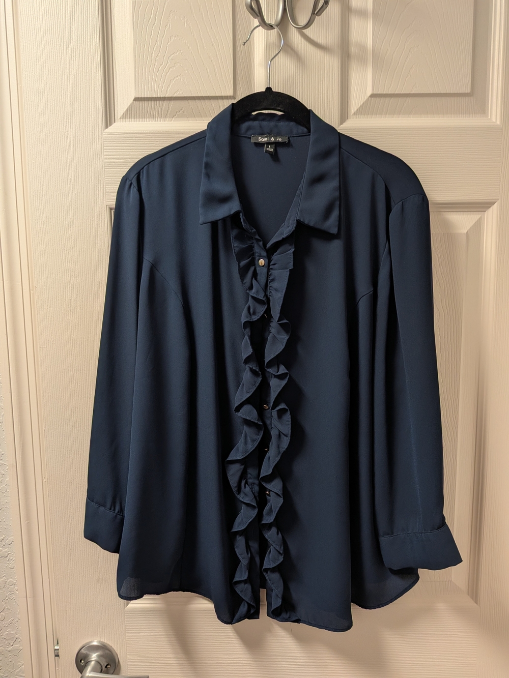 Sami & Jo Navy Ruffle-Front Long Sleeve Blouse